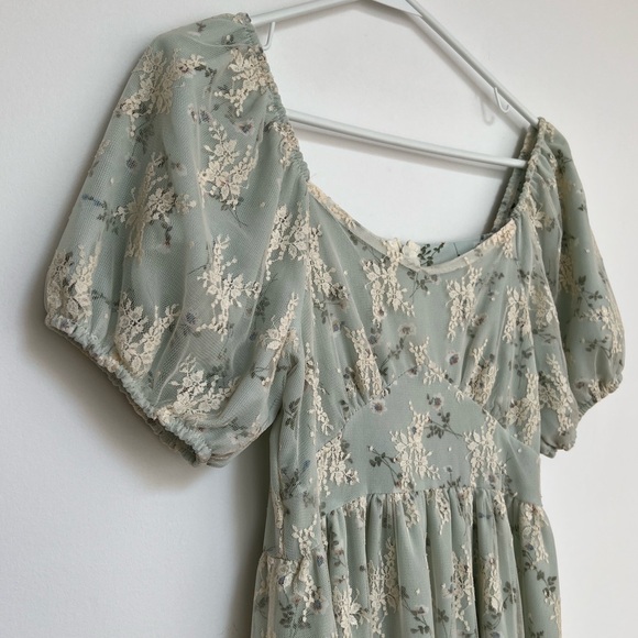 Cottagecore Whimsy Green Forest Fairy Lace Puff Sleeve Romantic Flowy Maxi Dress - Picture 2 of 7